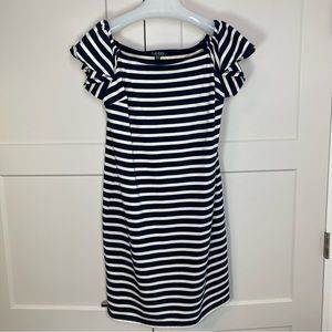 Ralph Lauren Rugby Stripe Knit Column Dress Ruffle Sleeve Petite Navy Cream NWOT